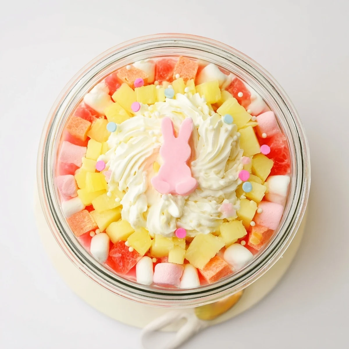 A close-up of creamy Jello Pie Easter Bunny Parfait in a jar topped with a marshmallow bunny and whipped cream.