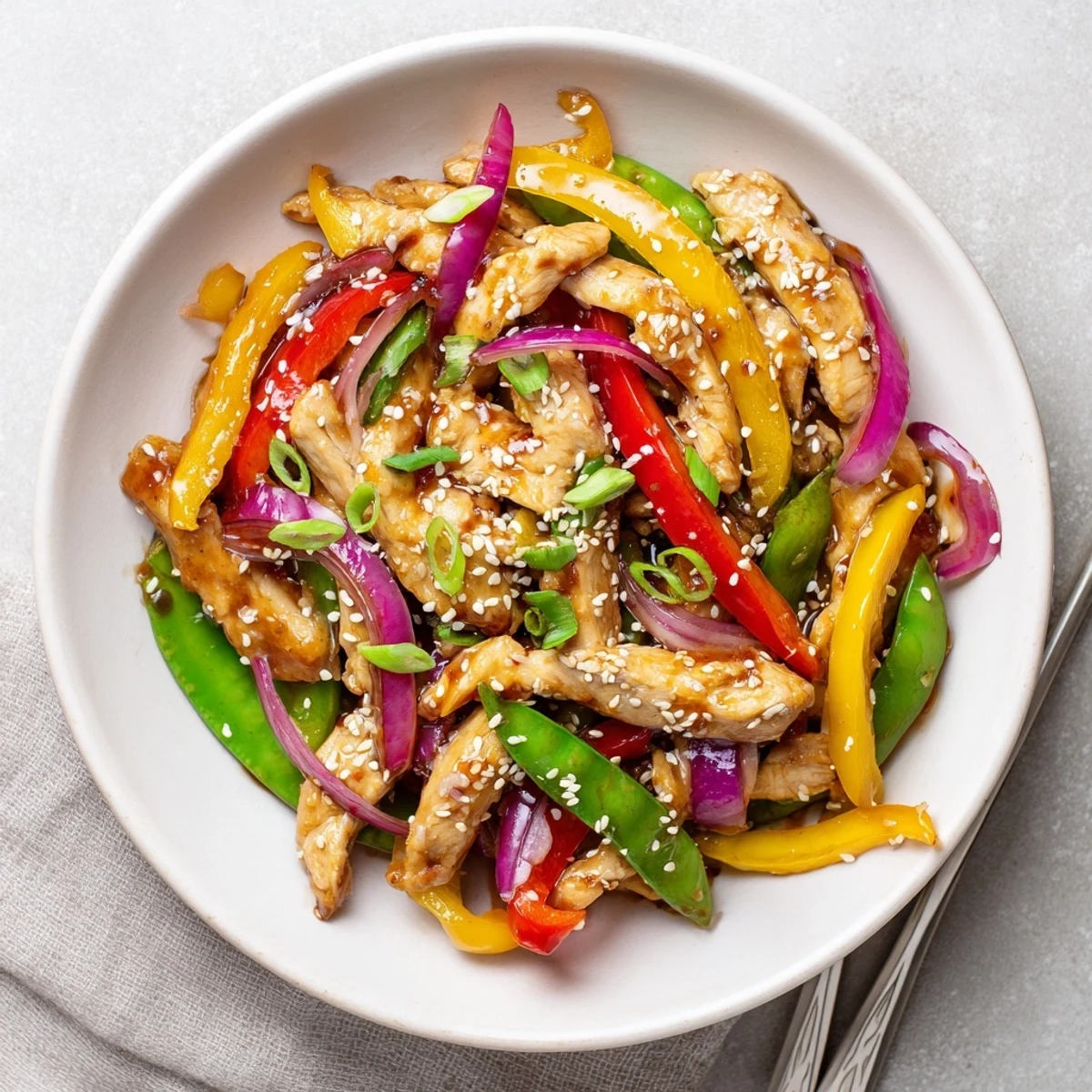 A close-up of Quick Sweet Chilli Chicken Stir Fry with vibrant red bell peppers and green snap peas in a glossy sauce.