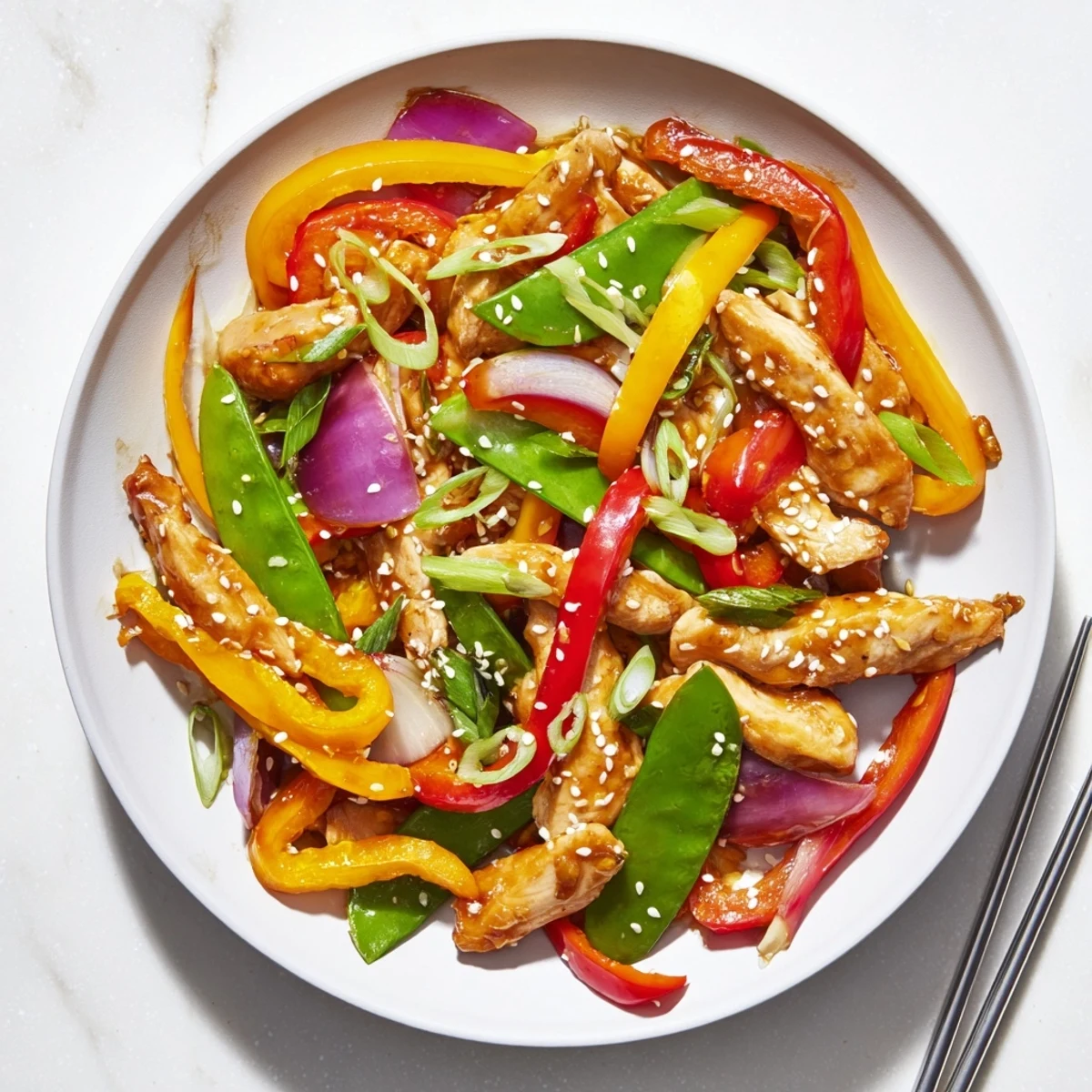 Quick Sweet Chilli Chicken Stir Fry served over steamed rice, garnished with sliced green onions and toasted sesame seeds.