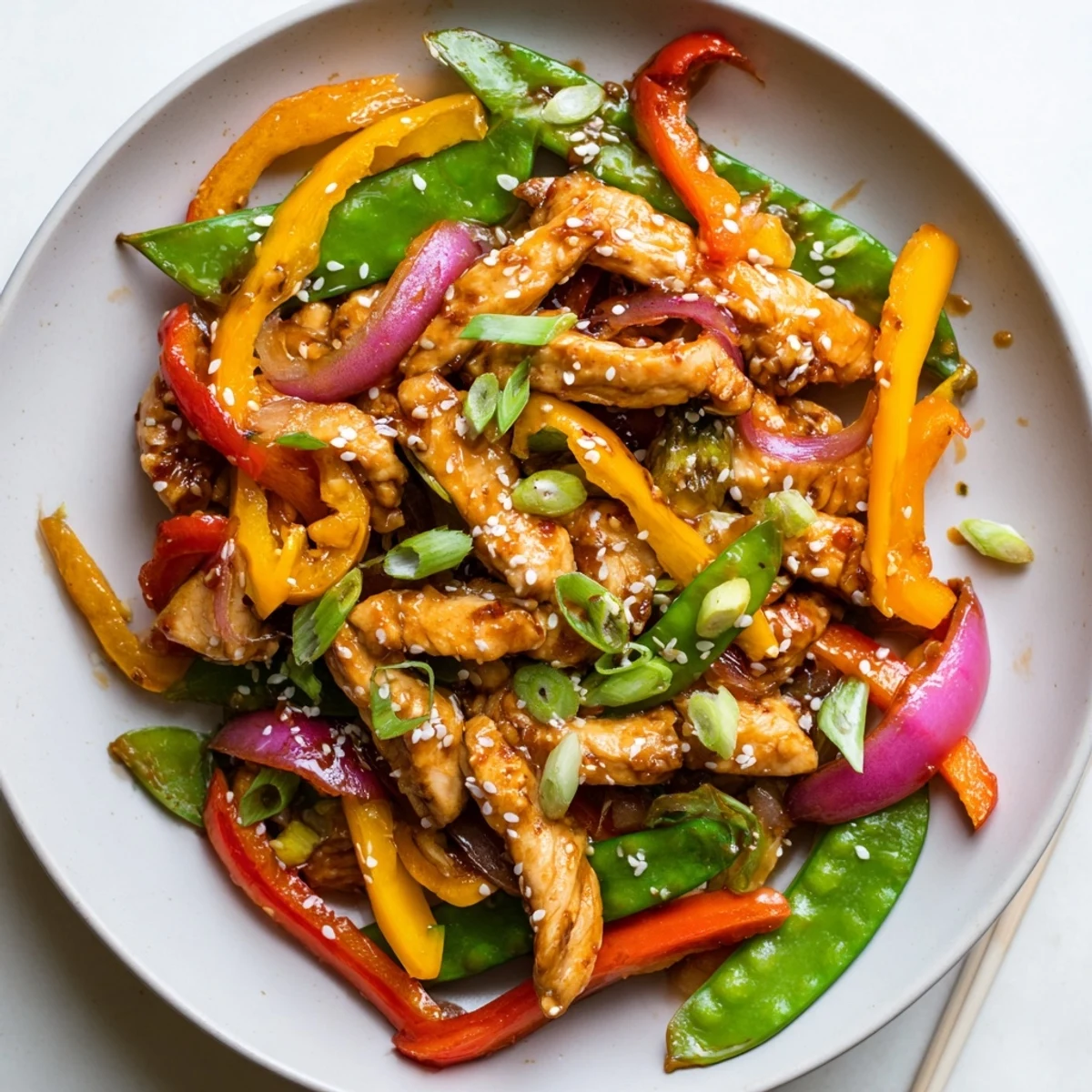 The tender chicken and crisp vegetables in Quick Sweet Chilli Chicken Stir Fry sizzle in a wok with aromatic garlic and ginger.
