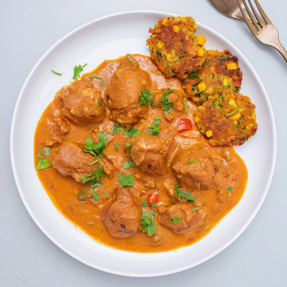 Close-up of golden, crispy vegetable fritters beside a creamy bowl of Butter Chicken and Vegetable Fritters, garnished with fresh cilantro.