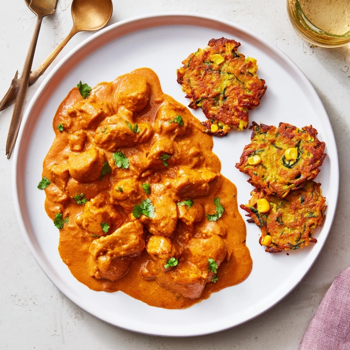 A comforting Indian-inspired meal featuring tender chicken in a creamy sauce and crunchy vegetable fritters for dipping.