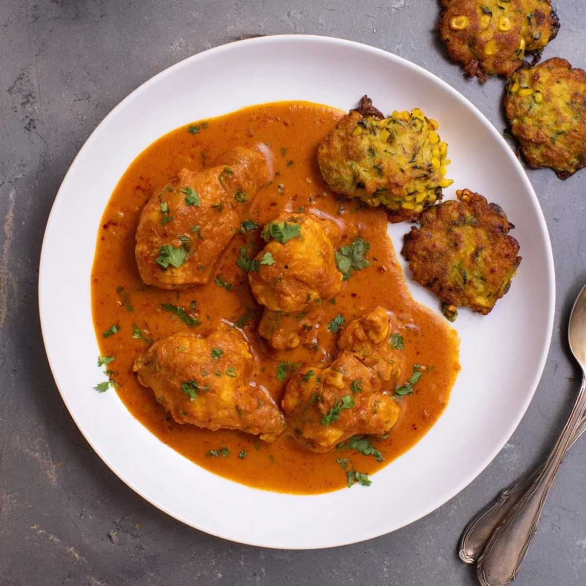 Butter Chicken and Vegetable Fritters served hot with a rich tomato-based sauce and zesty fritters on a white plate.