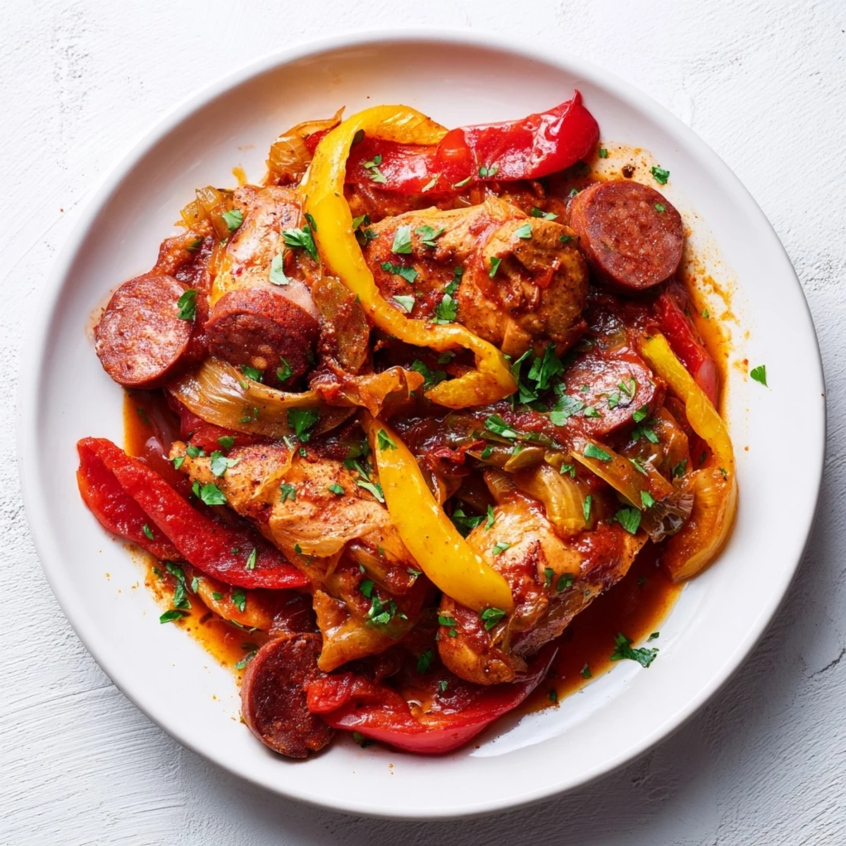 A close-up of Capsicum, Tomato, and Chicken with Chorizo bubbling in a skillet, garnished with fresh parsley.