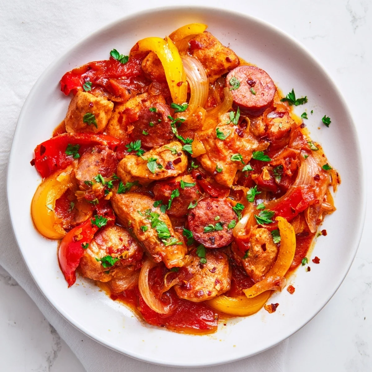 Savory one-pan dinner of Capsicum, Tomato, and Chicken with Chorizo served over fluffy rice for a family meal.
