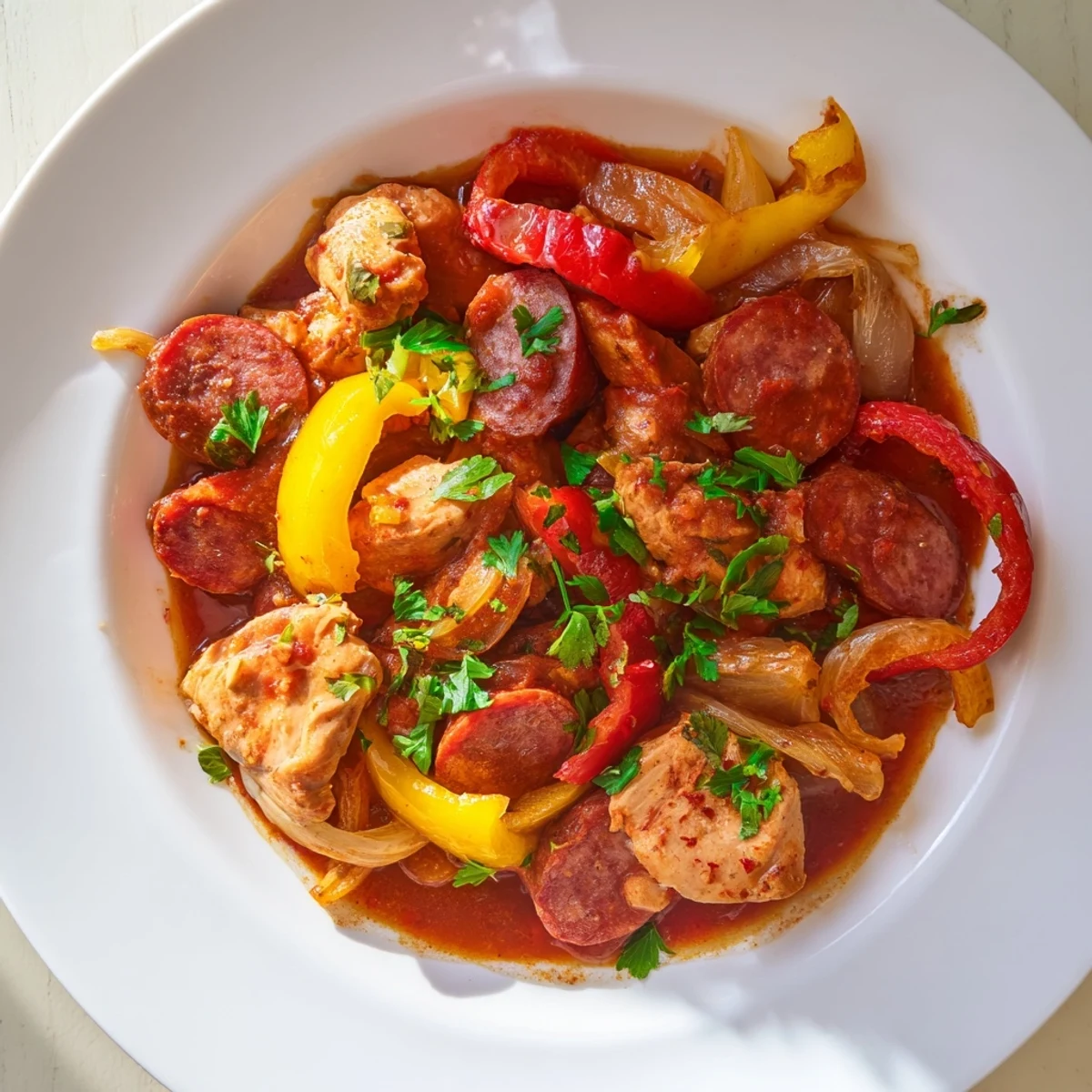 Bright, sautéed peppers and tender chicken in Capsicum, Tomato, and Chicken with Chorizo, ready to enjoy with crusty bread.