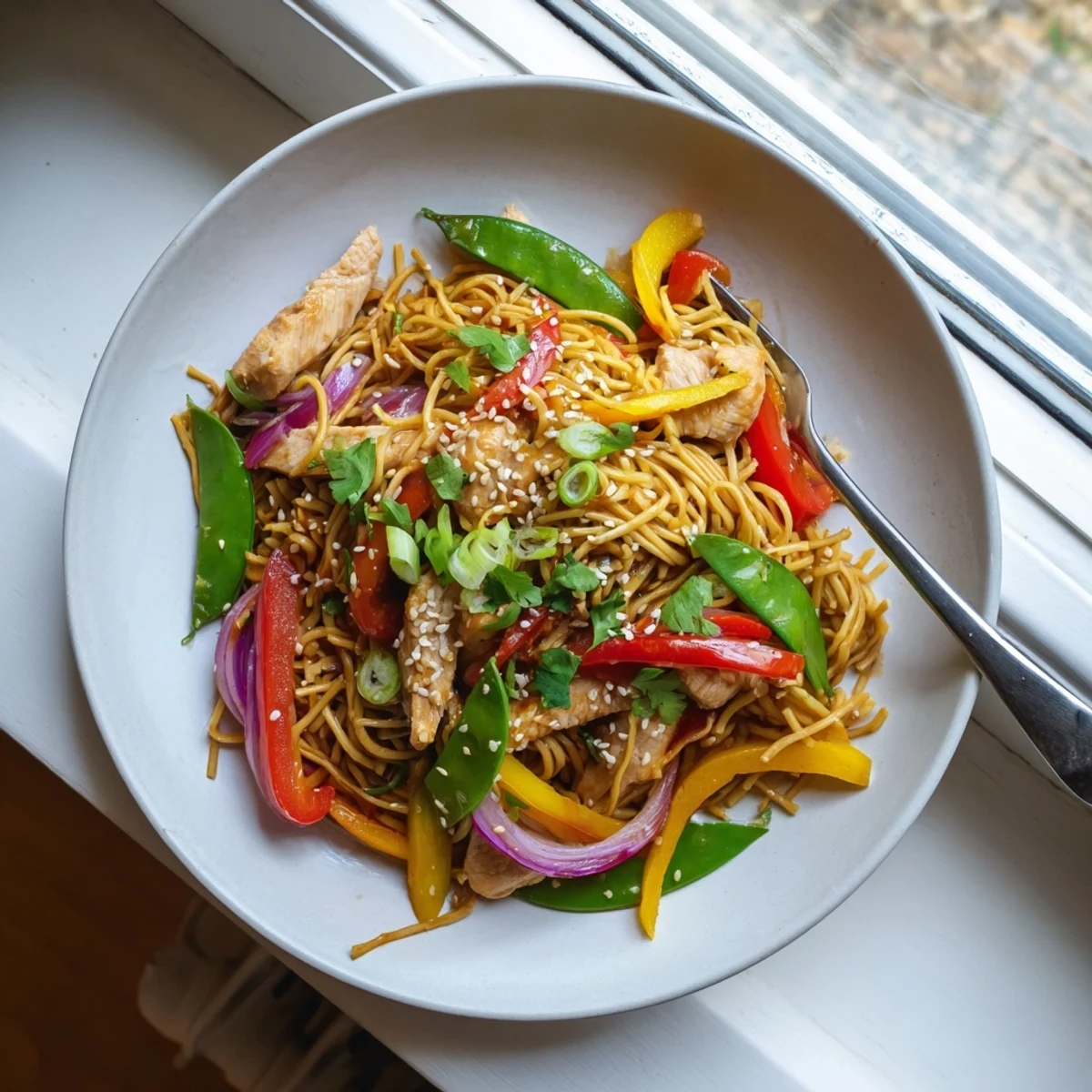 Hot turkey strips, crisp bell peppers, and noodles swirl in a sweet and spicy chili glaze in this Sweet Chilli Turkey Noodle Stir Fry.