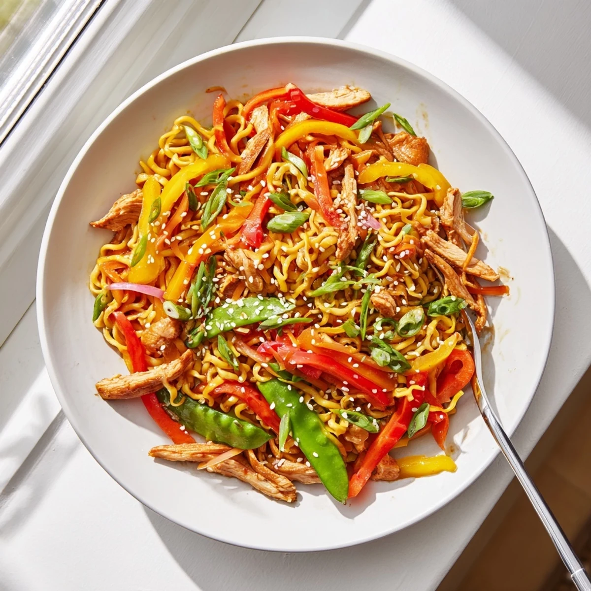 A close look at sautéed turkey and crunchy snap peas tossed in a tangy sauce for a delicious Sweet Chilli Turkey Noodle Stir Fry.