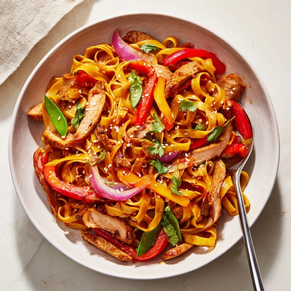 Bright vegetables and tender turkey nestle in glistening noodles for a vibrant Sweet Chilli Turkey Noodle Stir Fry ready to serve.