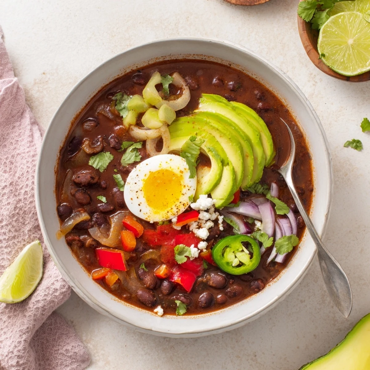 A comforting bowl of Mexican Braised Beans With Soft Boiled Egg garnished with avocado slices and fresh cilantro for a bright, fresh finish.