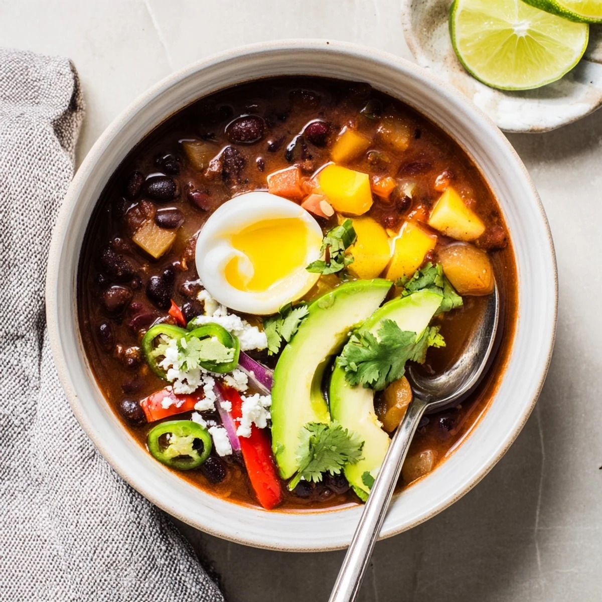 Hearty Mexican Braised Beans With Soft Boiled Egg served with lime wedges and crumbled queso fresco for a delicious vegetarian main dish.