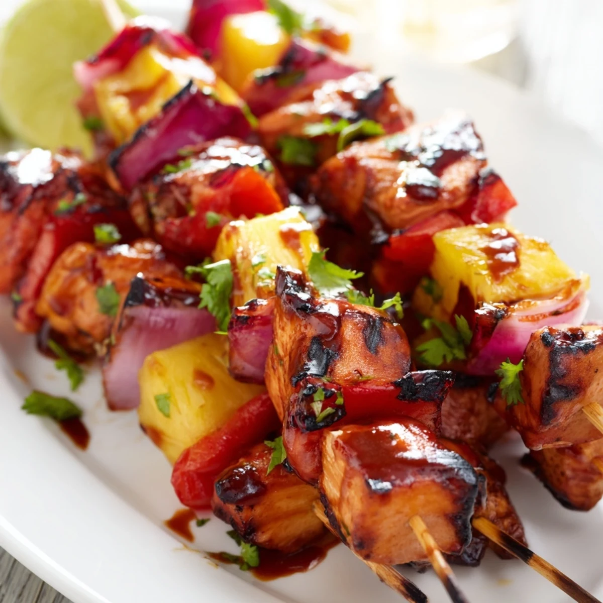 Grilled Chicken and Pineapple BBQ Skewers showing juicy charred chicken and sweet pineapple chunks on a platter.