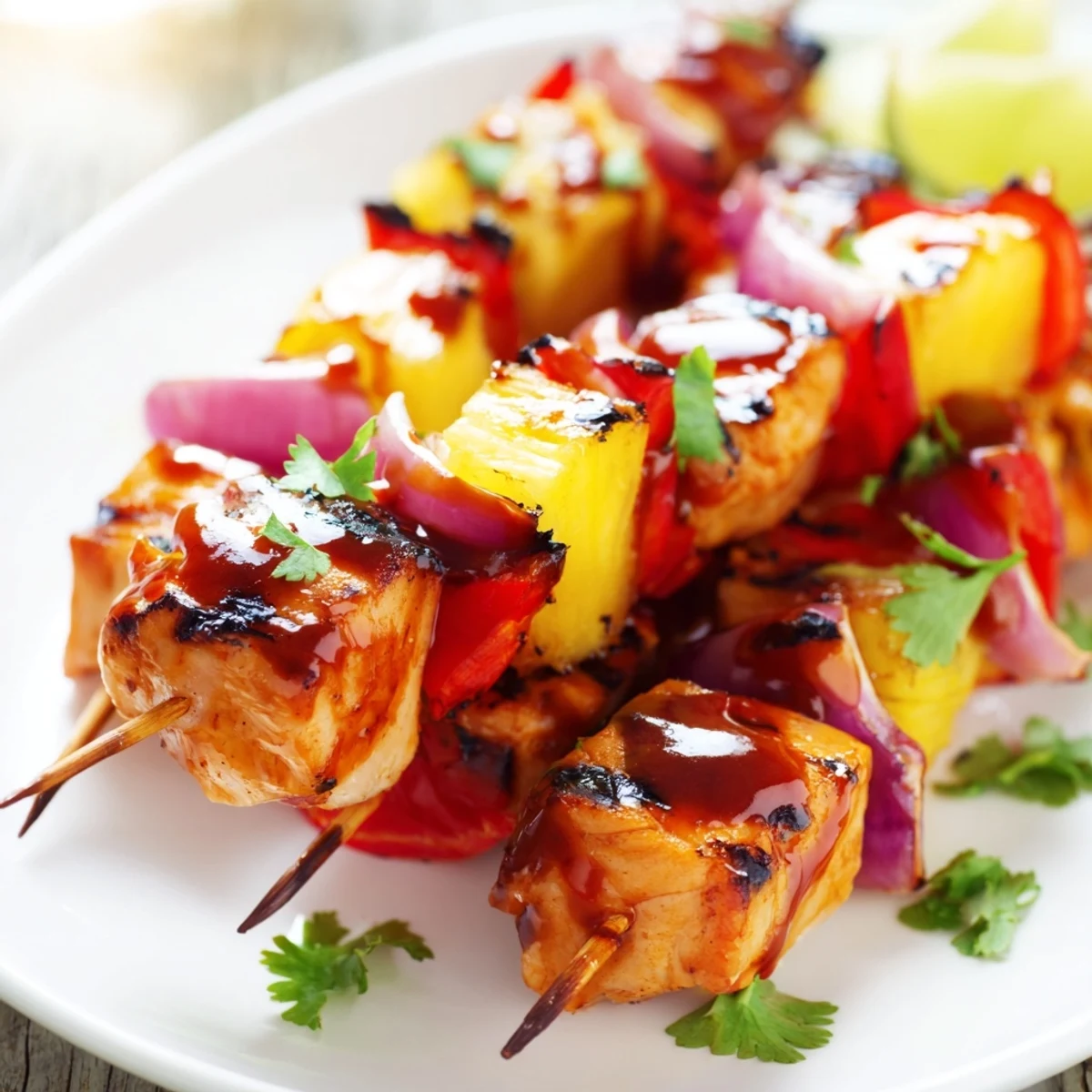 Close-up of Chicken and Pineapple BBQ Skewers glistening with smoky BBQ sauce and garnished with fresh cilantro.
