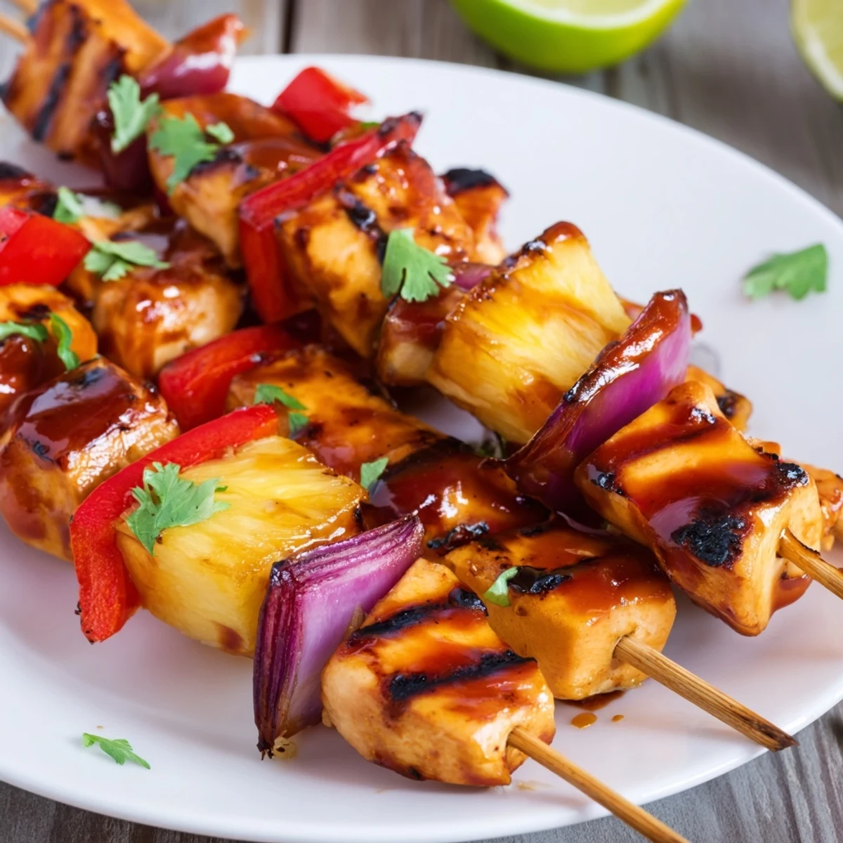 Serving suggestion for Chicken and Pineapple BBQ Skewers alongside lime wedges and colorful bell pepper pieces.