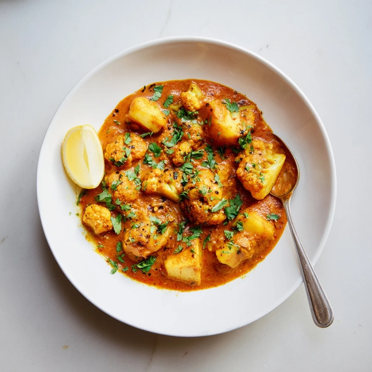 A serving of Indian Butter Spiced Potatoes and Cauliflower next to fluffy basmati rice and warm naan bread, showing a rich, buttery texture.