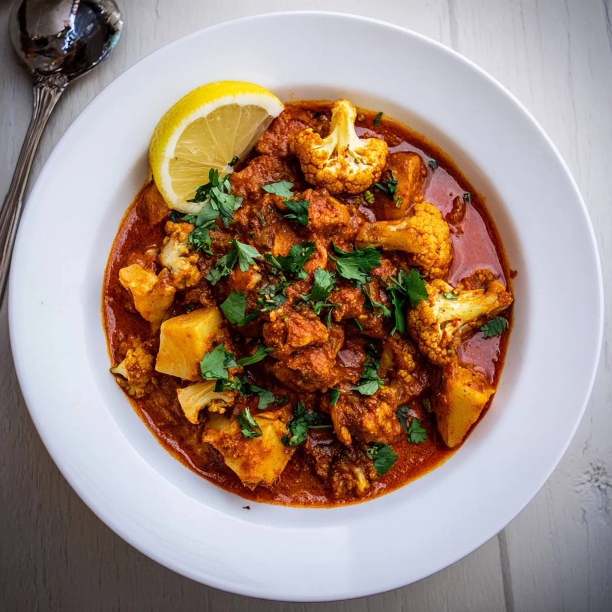 A close-up of Indian Butter Spiced Potatoes and Cauliflower in a creamy tomato sauce, garnished with fresh cilantro and lemon wedges on a rustic plate.