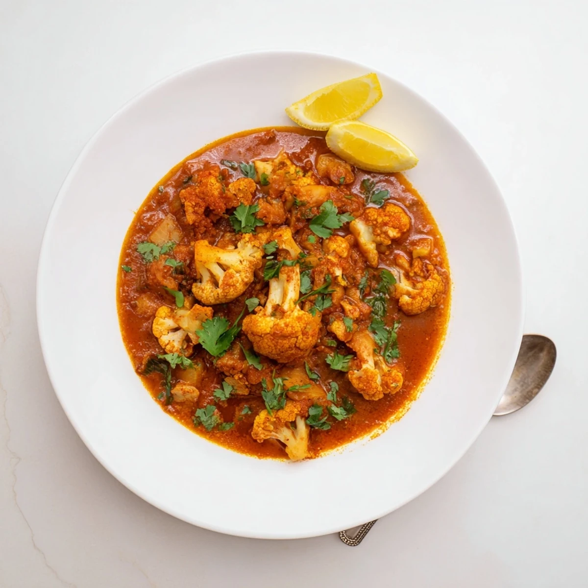 Hearty Indian Butter Spiced Potatoes and Cauliflower simmering in a skillet, steam rising from the aromatic spices and tender vegetable florets.