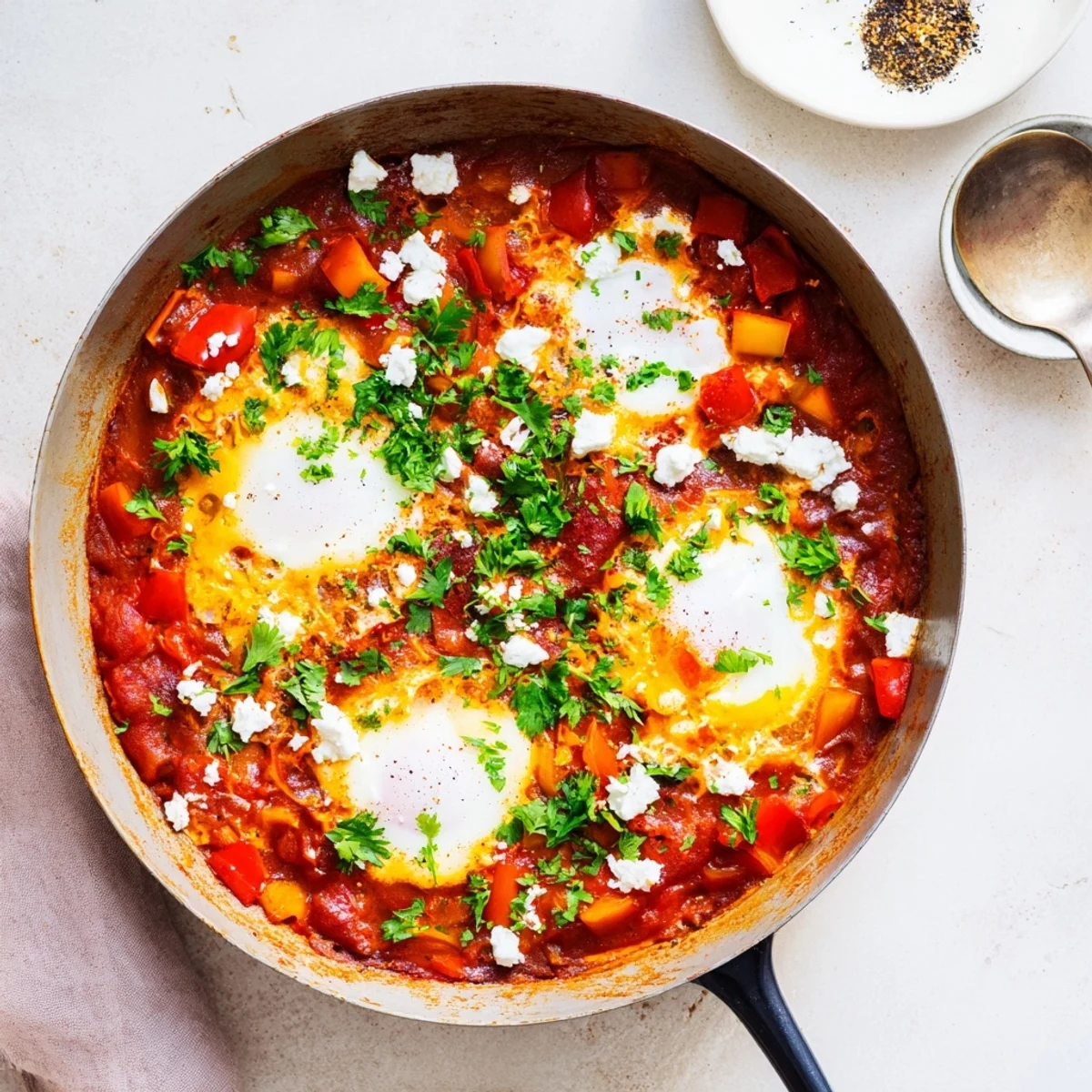 Quick Shakshuka Eggs with poached eggs in a spicy tomato pepper sauce, garnished with fresh parsley and served hot.