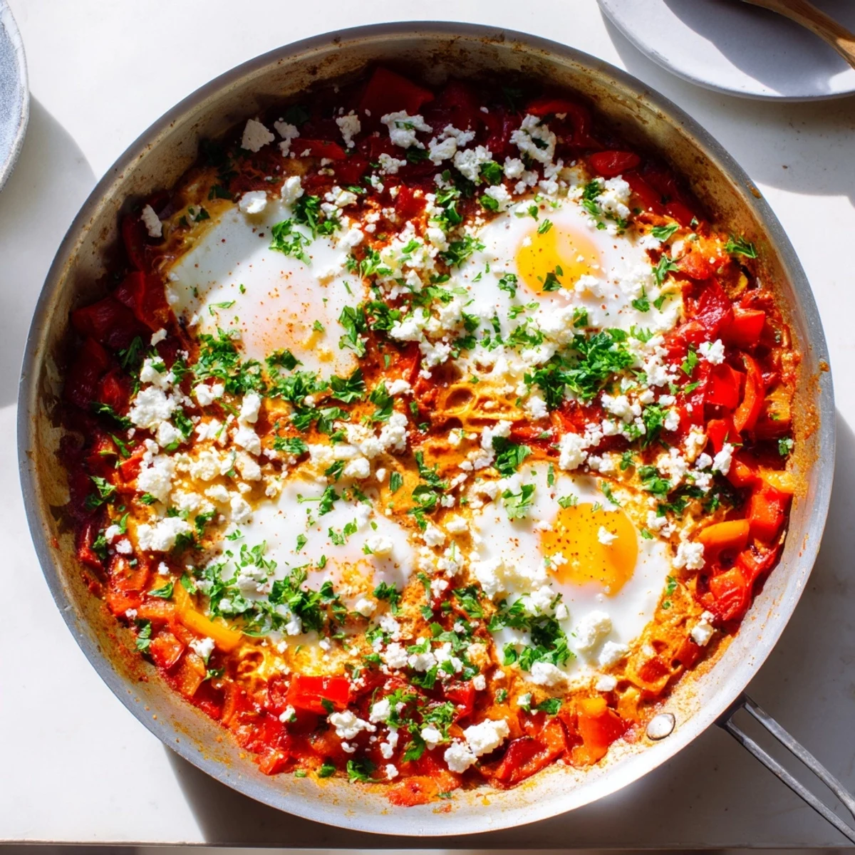 Vibrant Quick Shakshuka Eggs simmering in a rich tomato sauce, topped with crumbled feta and fresh cilantro for serving.