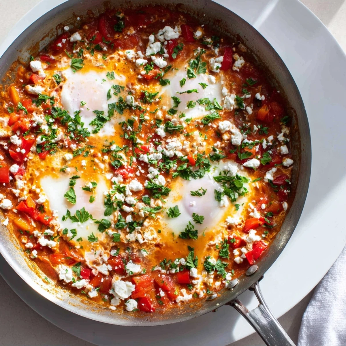 Skillet of Quick Shakshuka Eggs with runny yolks in a smoky tomato and pepper base, perfect with crusty bread.