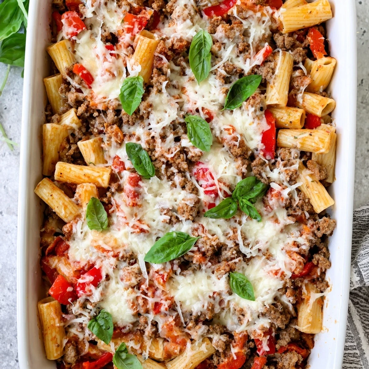 Golden melted mozzarella and Parmesan blanket this Quick Sausage Pasta Bake, with penne coated in a rich, savory tomato and sausage sauce.