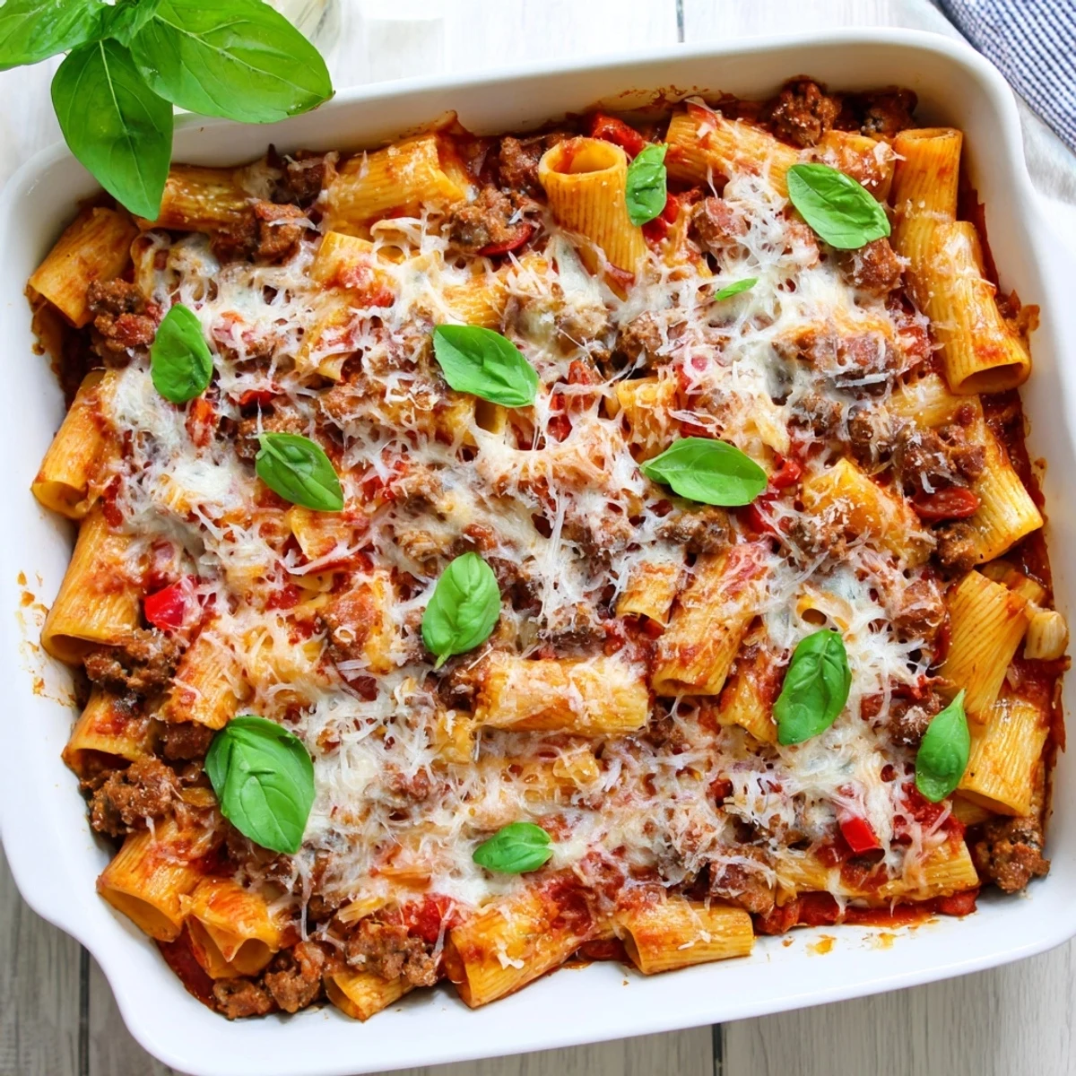A bubbling, golden-topped Quick Sausage Pasta Bake emerges from the oven, ready to serve with a fresh basil garnish for a comforting meal.