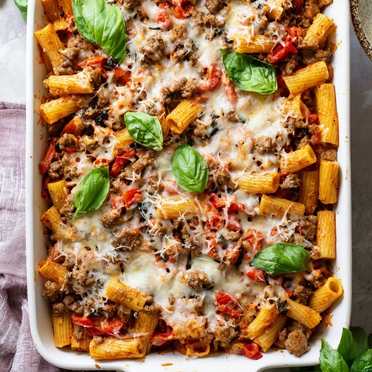 Steam rises from a hearty slice of Quick Sausage Pasta Bake, showcasing tender penne, crumbled Italian sausage, and a robust red tomato sauce.