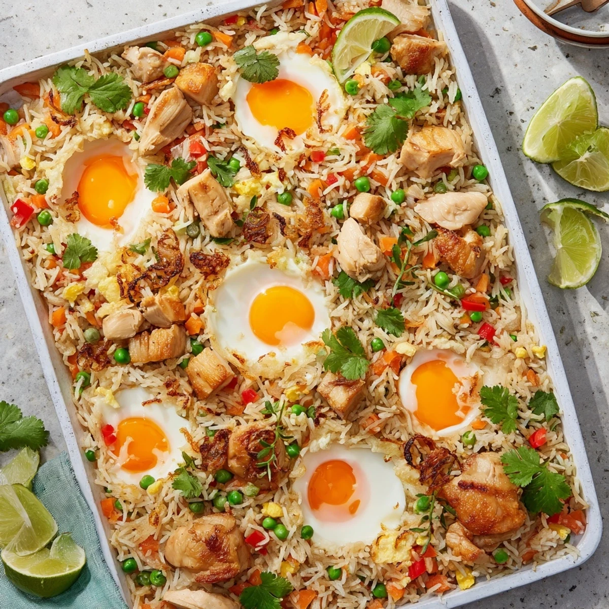 Golden-brown Nasi Goreng Tray Bake fresh from the oven with fluffy rice and tender chicken pieces.