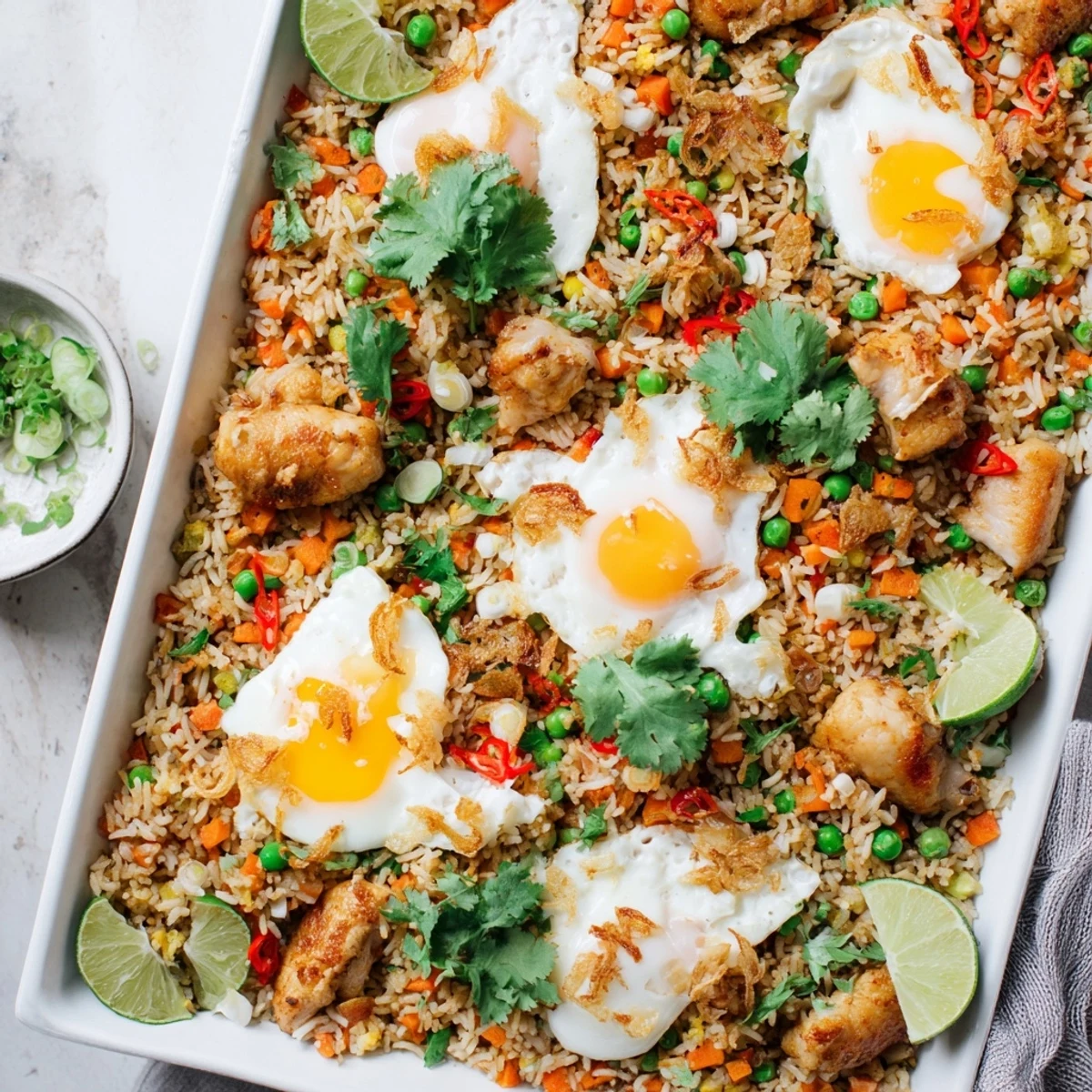 Nasi Goreng Tray Bake served with lime wedges, crispy shallots, and fresh cilantro garnish.