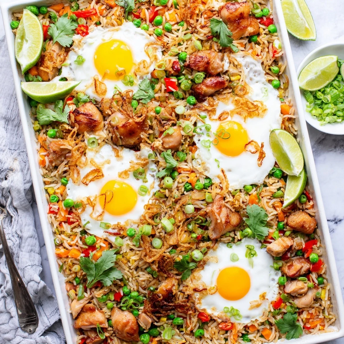 Sizzling Nasi Goreng Tray Bake on a tray, showcasing vegetables, baked eggs, and savory sauce.