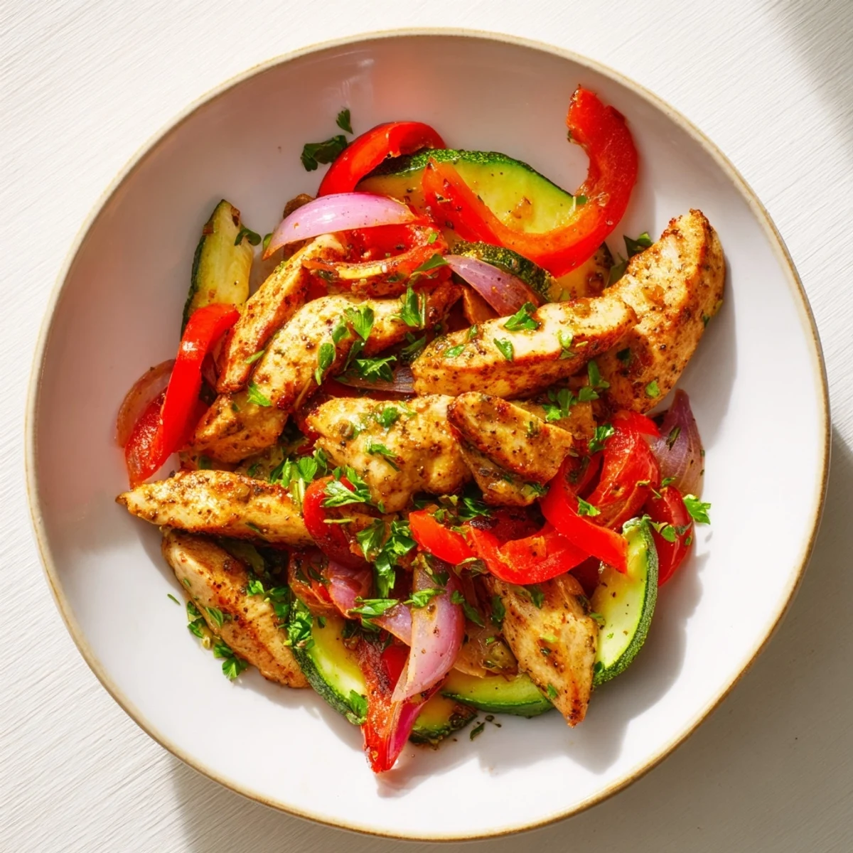Golden Mediterranean chicken stir fry with colorful bell peppers zucchini and aromatic herbs in a skillet