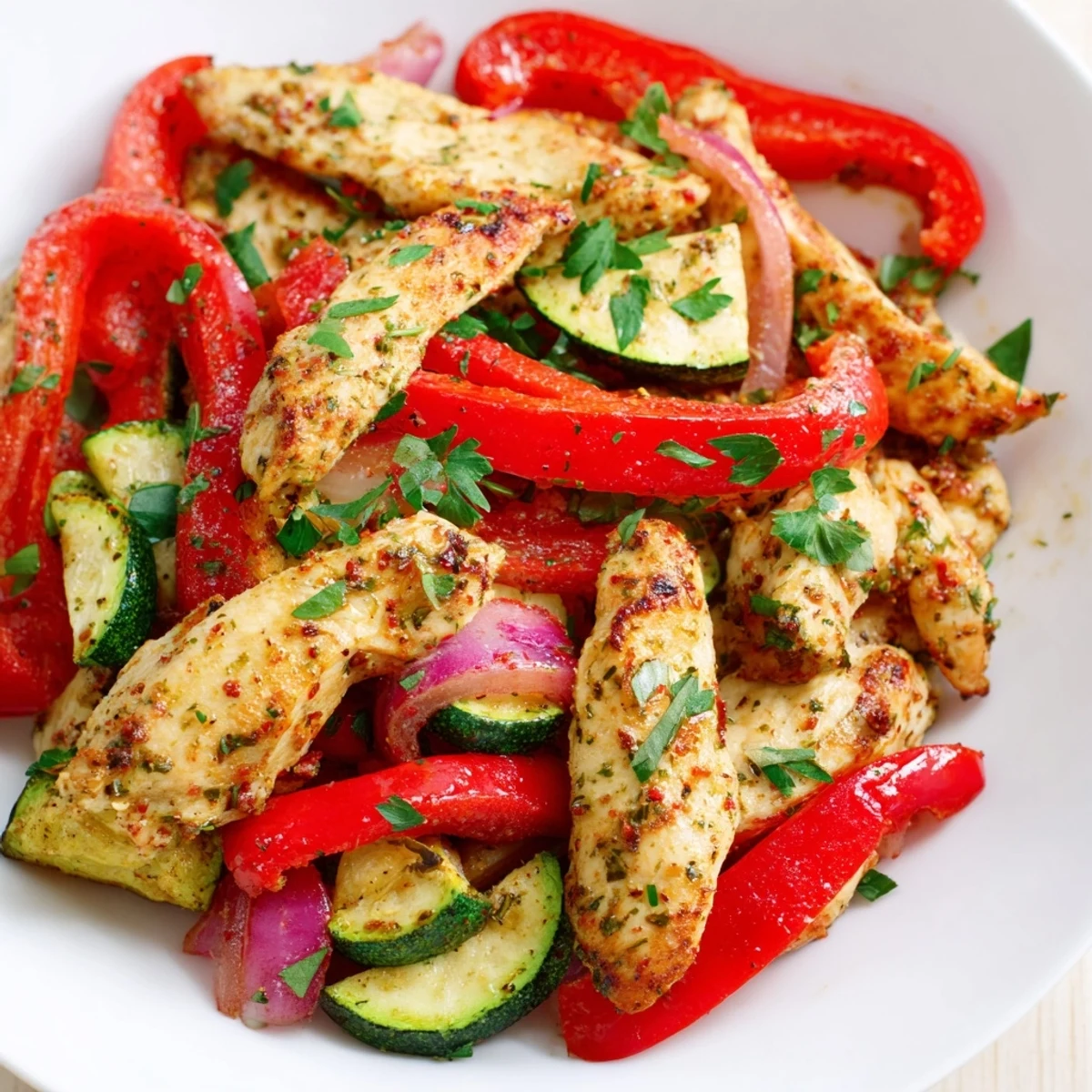 Easy one-pan Mediterranean chicken stir fry served with lemon wedges showcasing tender meat and colorful roasted vegetables