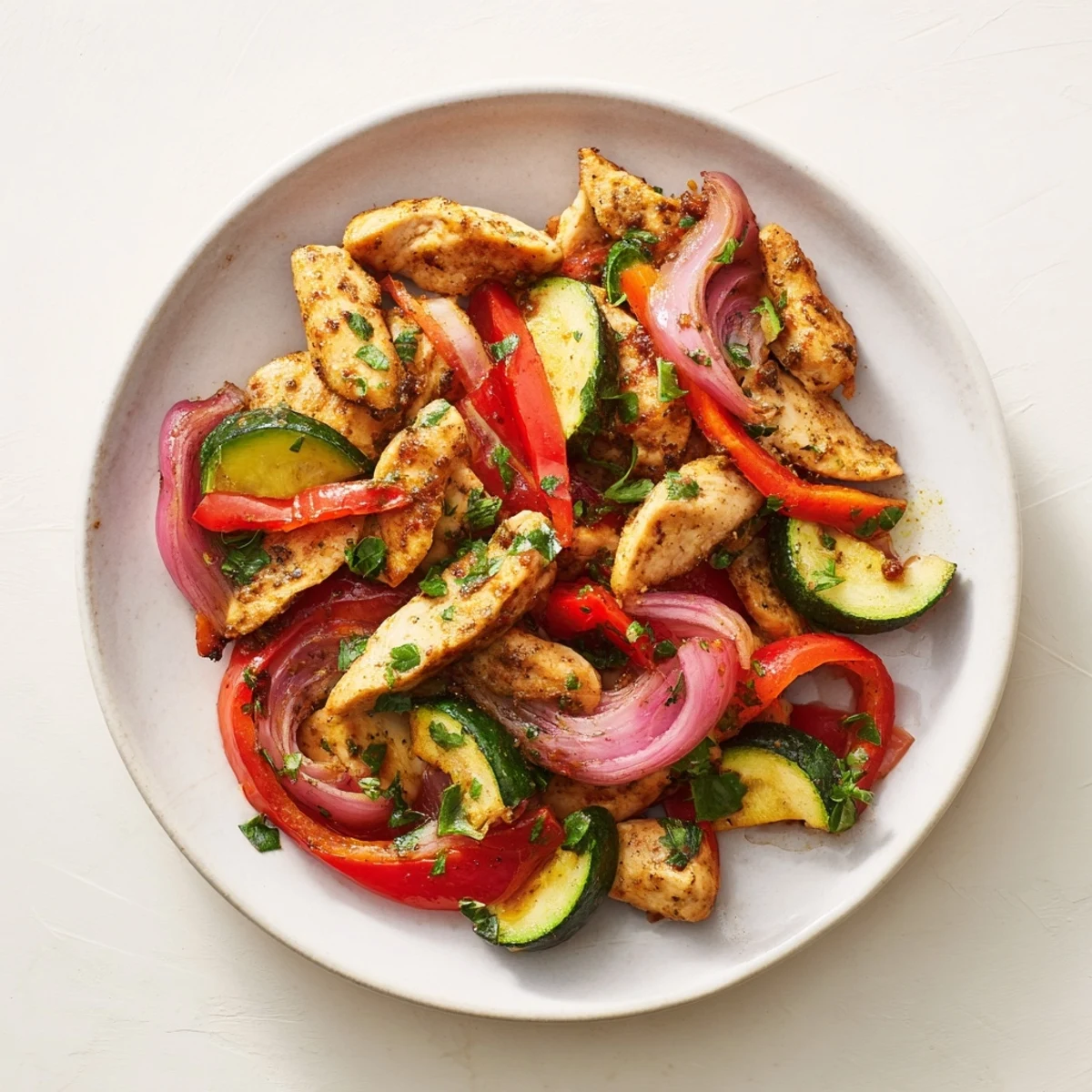 Vibrant healthy Mediterranean chicken stir fry featuring juicy tender strips crisp vegetables and fresh parsley garnish
