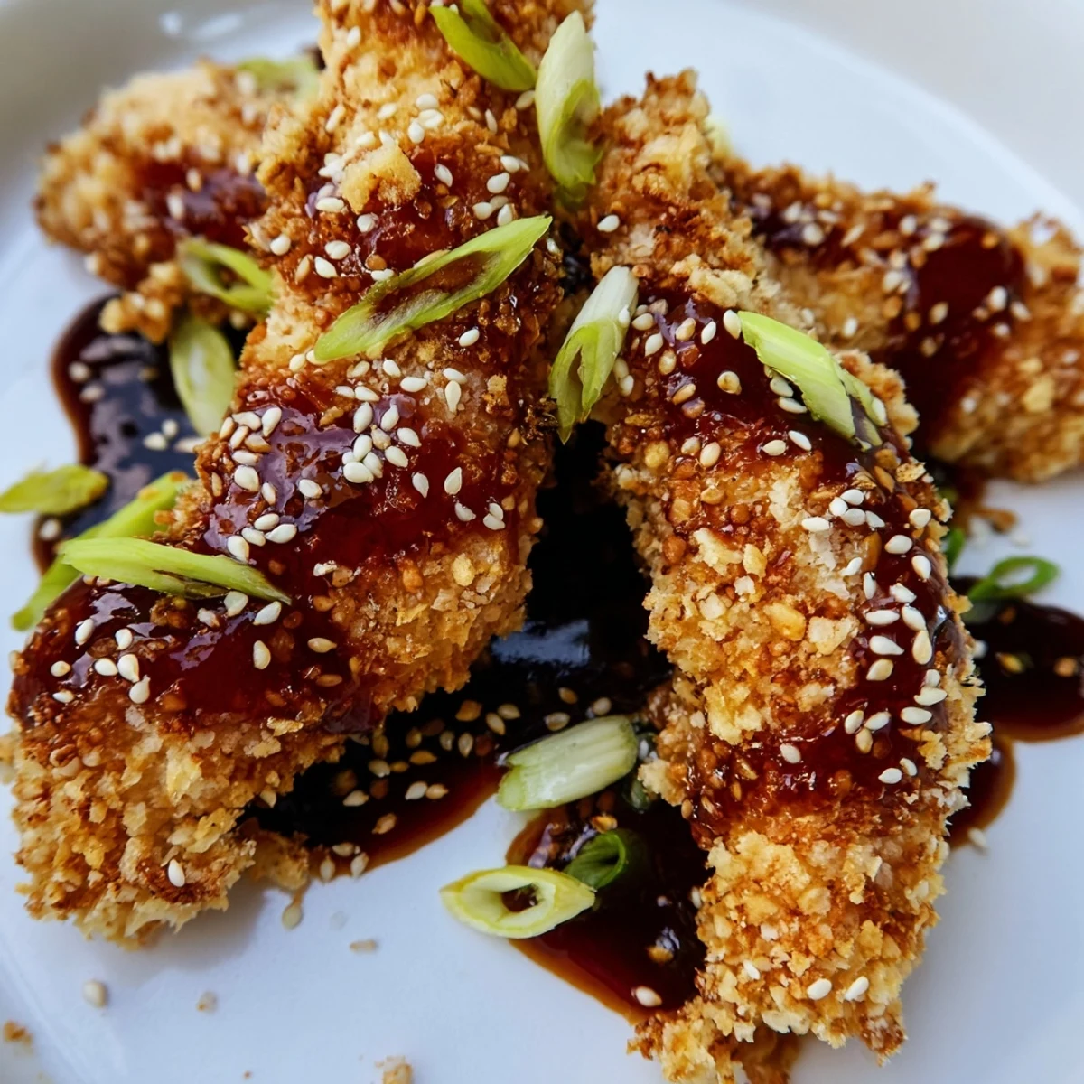 Golden Thai sticky chicken fingers glazed with sweet spicy sauce and garnished with sesame seeds and fresh cilantro