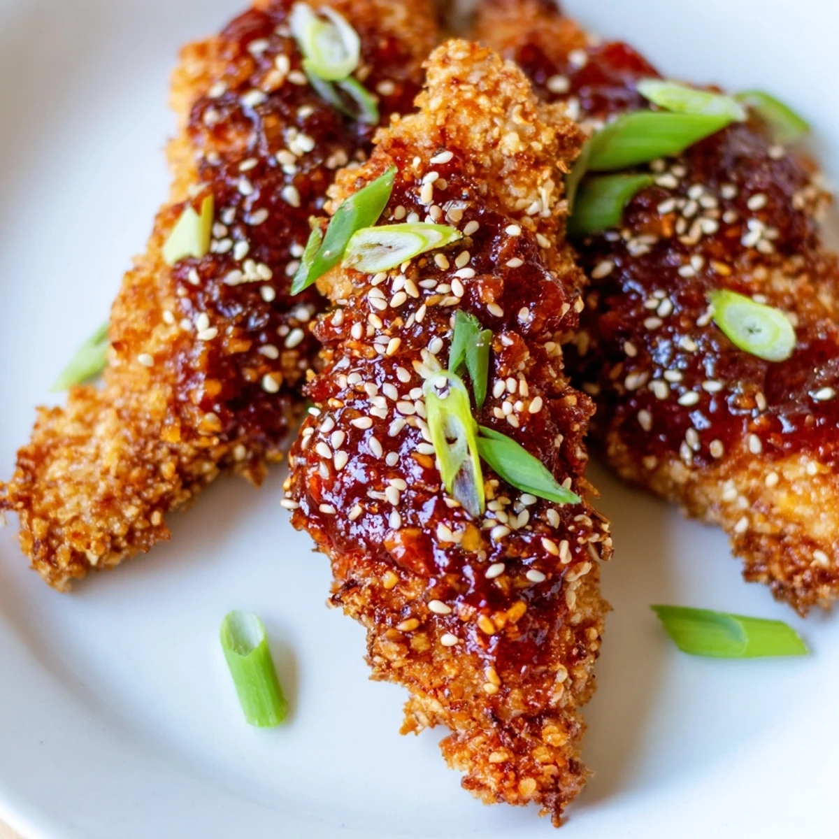 Crispy baked chicken tenders coated in Thai chili sauce topped with sliced green onions and toasted sesame seeds