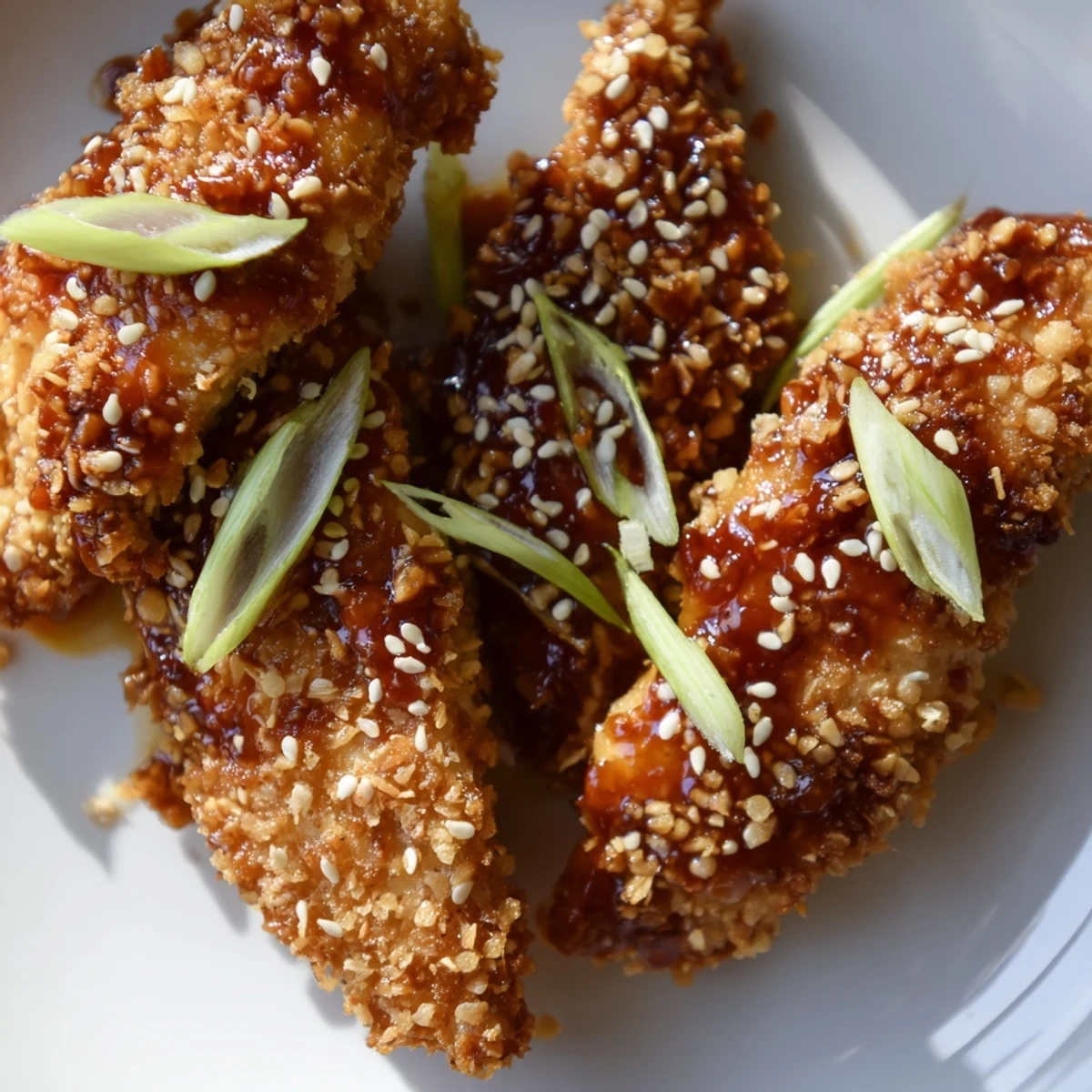 Plate of Thai sticky chicken fingers glistening with red sauce and sprinkled with fresh herbs for serving
