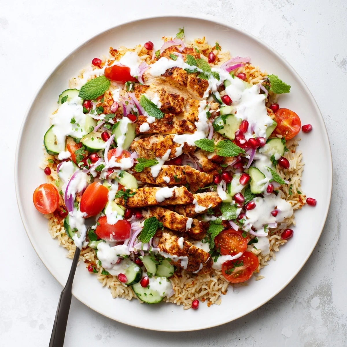 Golden brown shawarma-spiced chicken atop crispy rice with fresh vegetables and creamy yogurt-tahini dressing drizzled over the top