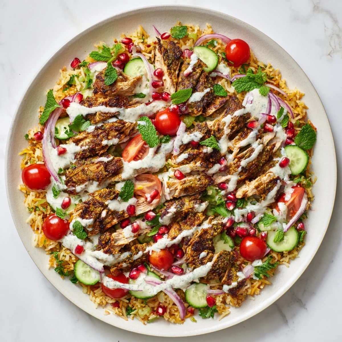 Colorful chicken shawarma crispy rice salad bowl featuring spiced tender chicken, crunchy golden rice, cucumber, tomatoes, and herbs