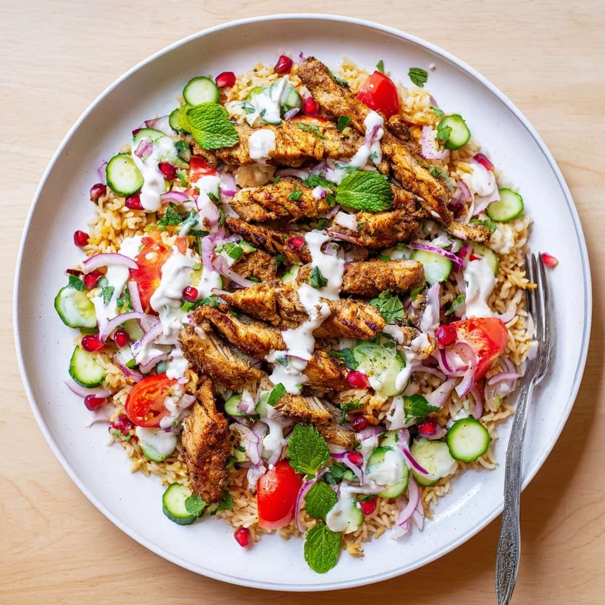 Middle Eastern chicken shawarma crispy rice salad arranged in a bowl with aromatic spiced meat, crispy rice grains, and vibrant vegetables