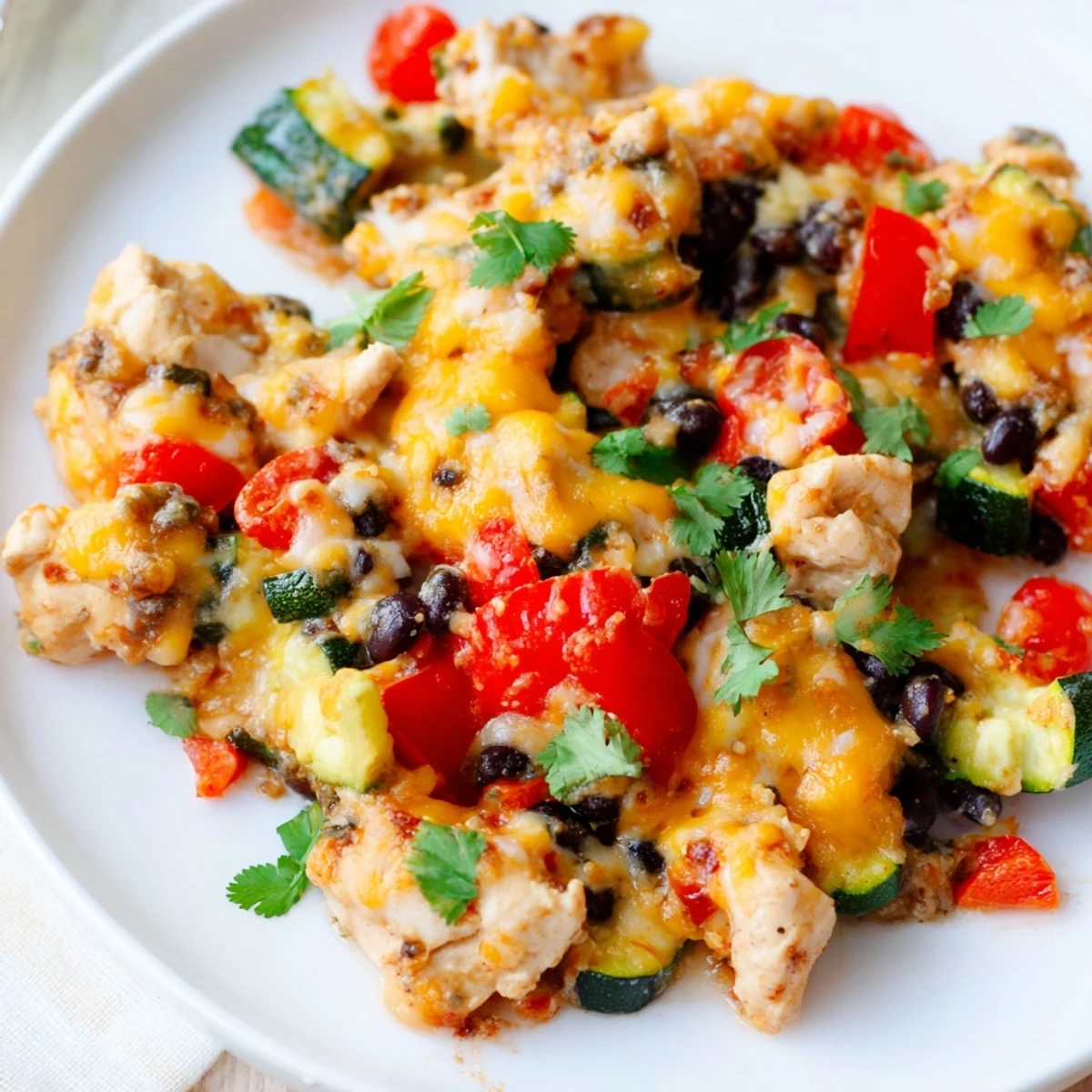 One-pan Tex Mex chicken and zucchini with melty cheese and colorful vegetables