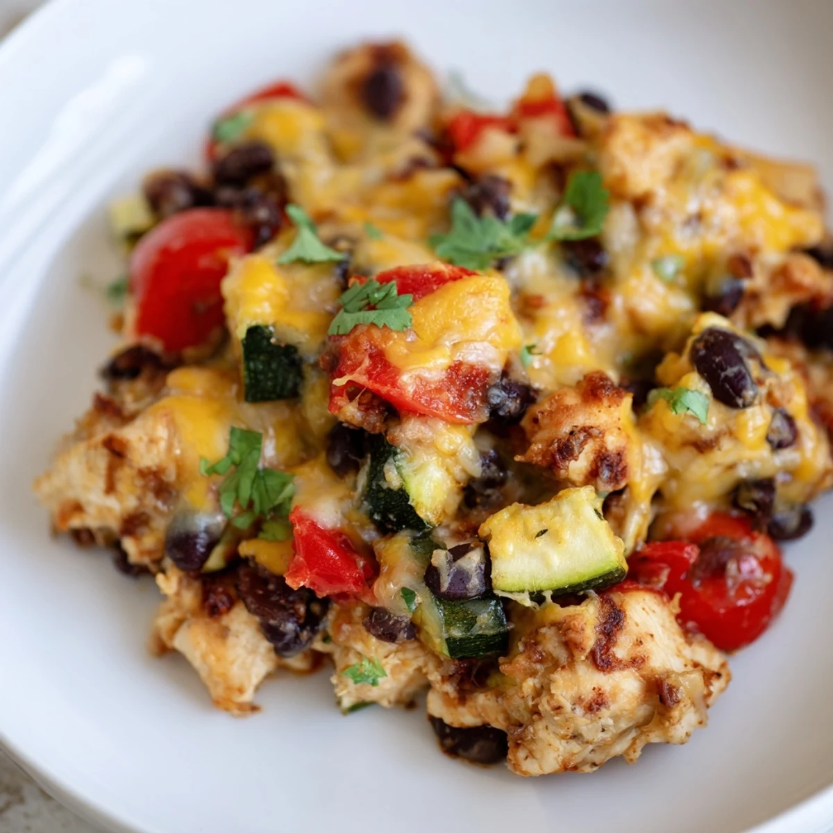 Golden Tex Mex chicken and zucchini served in a cast iron skillet with lime