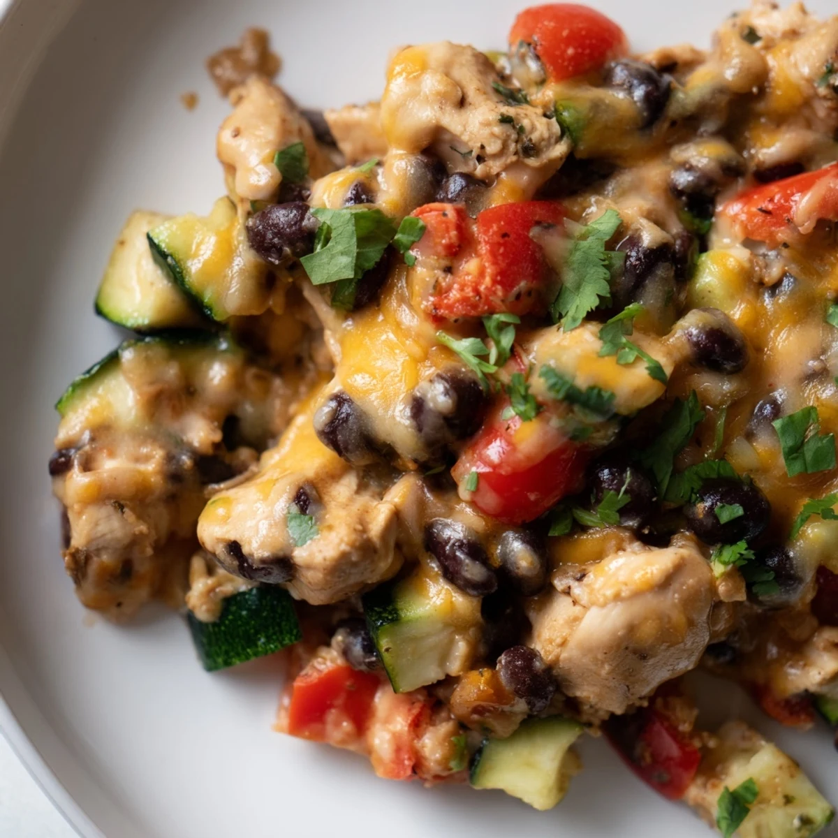 Savory Tex Mex chicken and zucchini skillet topped with shredded cheese and cilantro
