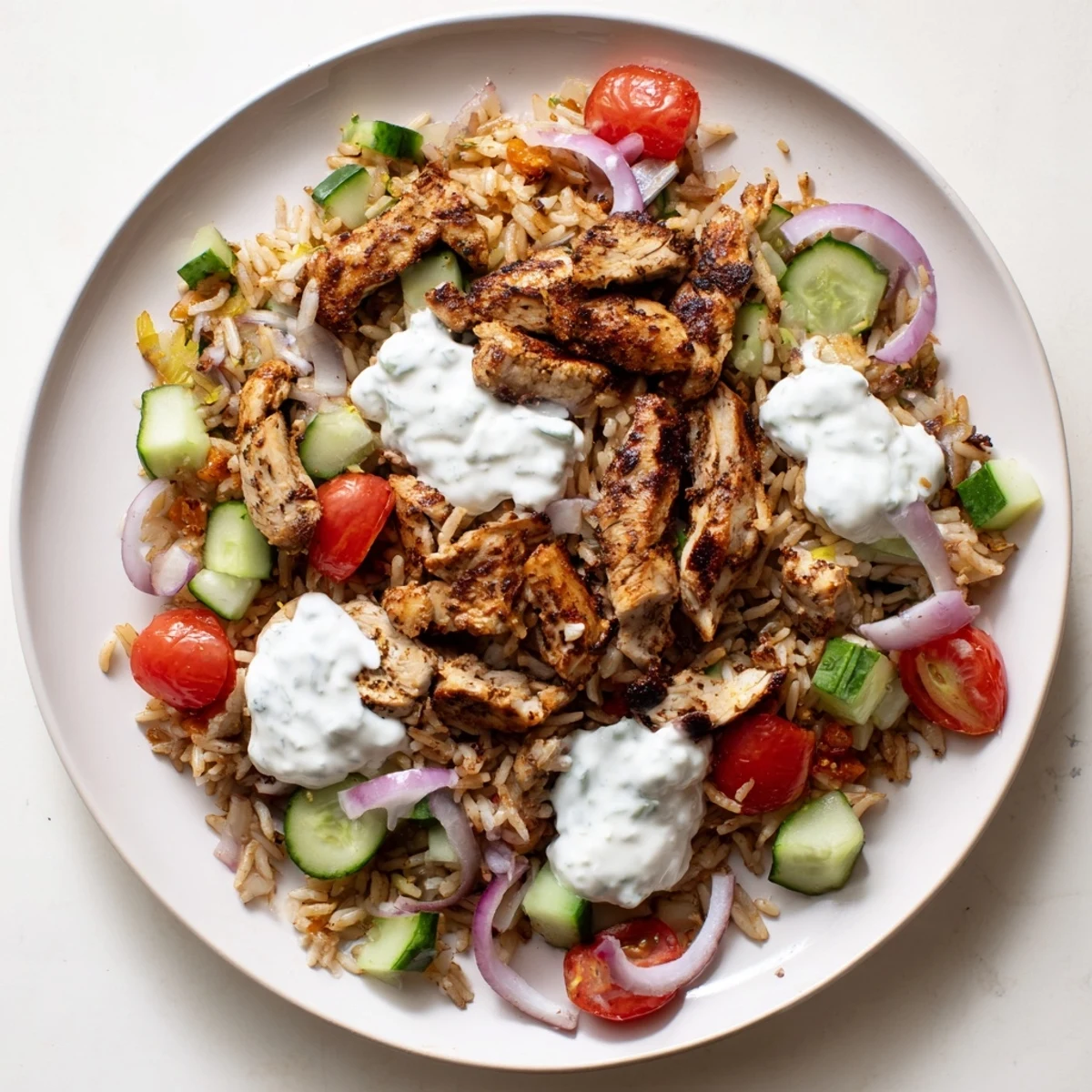 Vibrant Middle Eastern chicken shawarma crispy rice salad topped with creamy yogurt dressing