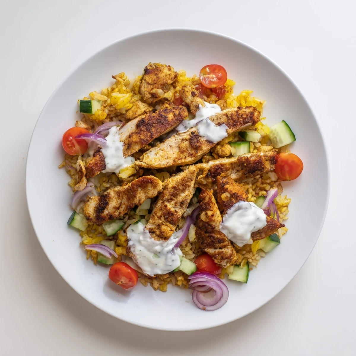 Golden spiced chicken shawarma salad featuring crispy rice and fresh vegetables in a bowl