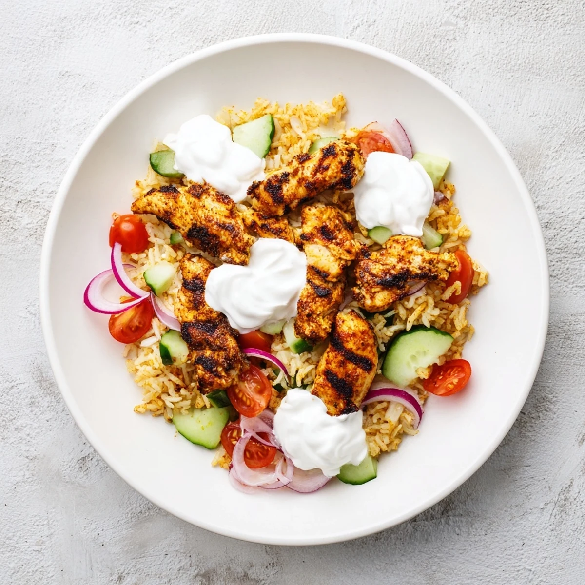 Close-up of chicken shawarma crispy rice salad with cherry tomatoes cucumber and red onion