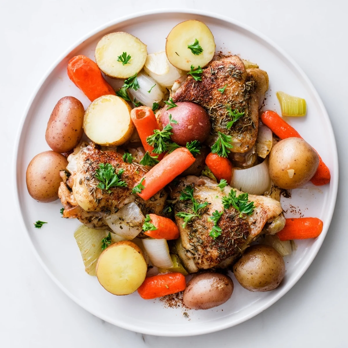 Golden brown slow cooker chicken thighs nestled among tender carrots, celery, and baby potatoes in a rich savory broth