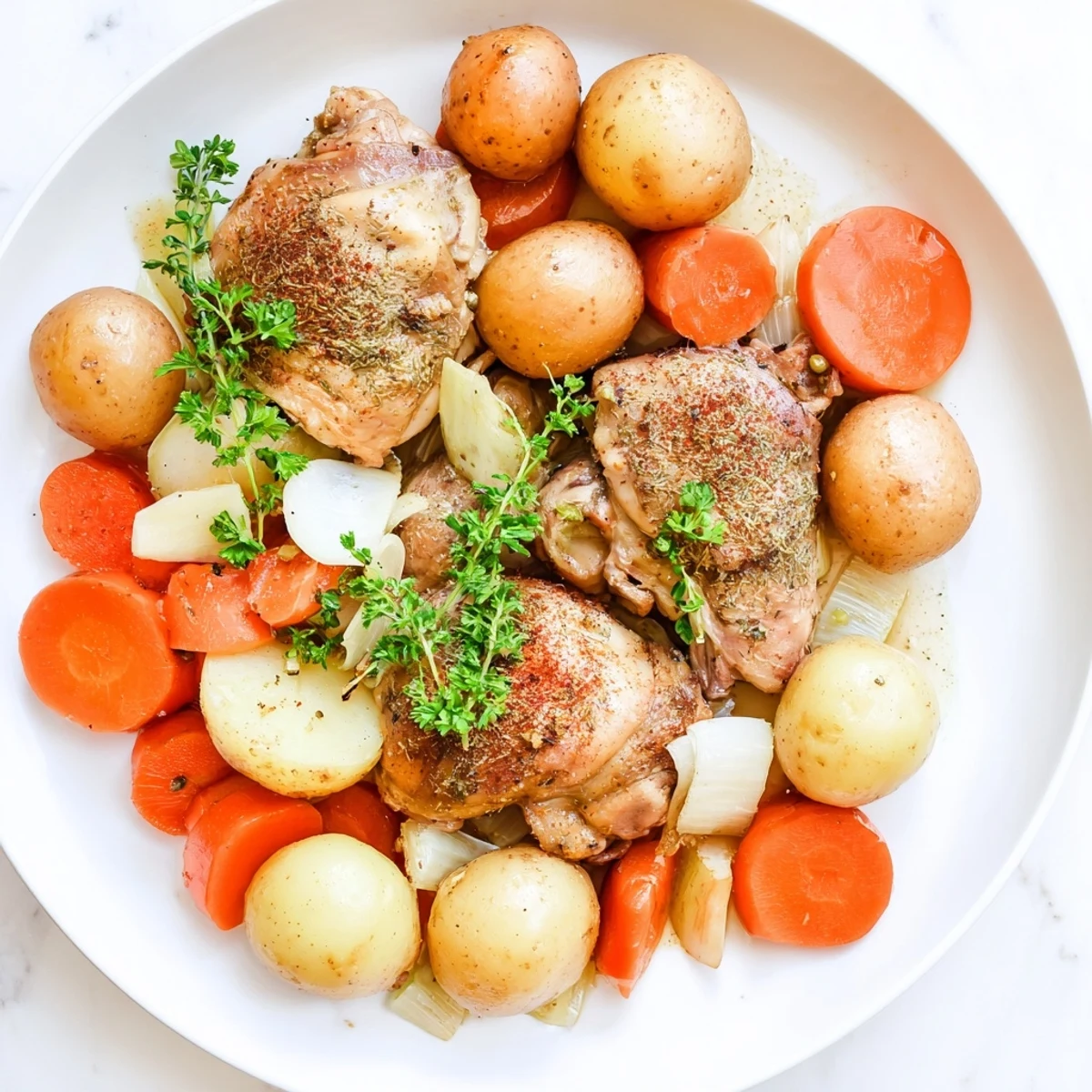 Healthy savory slow cooker chicken dish garnished with fresh parsley, featuring juicy meat and aromatic vegetables in a shallow bowl