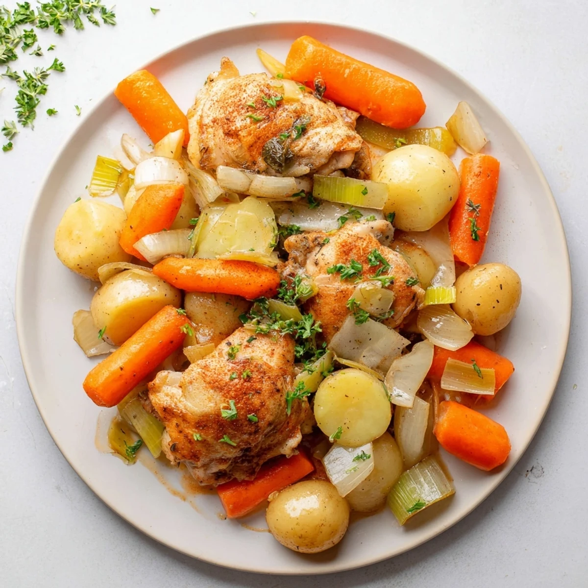 Tender slow cooker chicken thighs resting atop colorful vegetables, finished with bright parsley sprigs and served family-style in a white dish