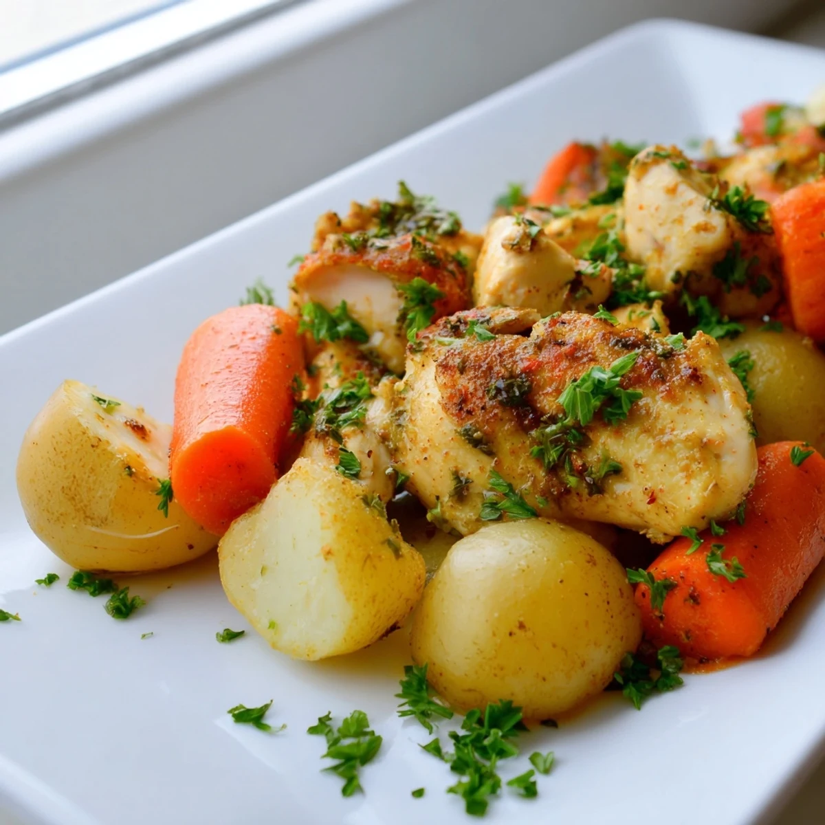 Golden roasted chicken breast surrounded by colorful caramelized vegetables on a metal baking sheet