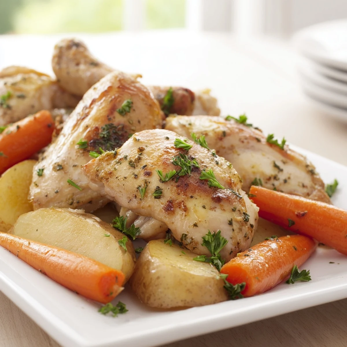Tender lemon herb chicken nestled beside roasted bell peppers and broccoli on a sheet pan